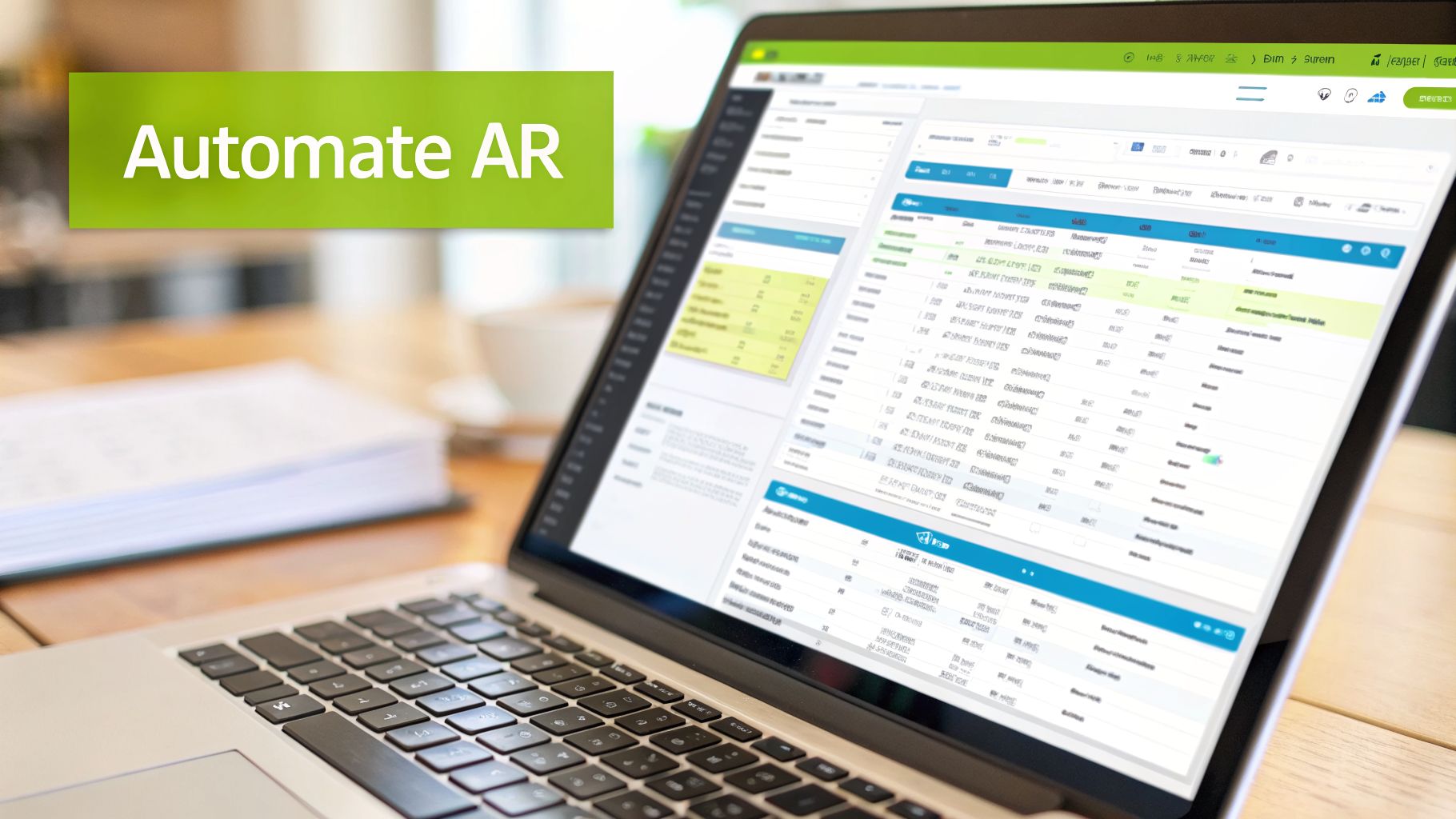 A laptop screen displaying business software with a prominent green 'Automate AR' banner.