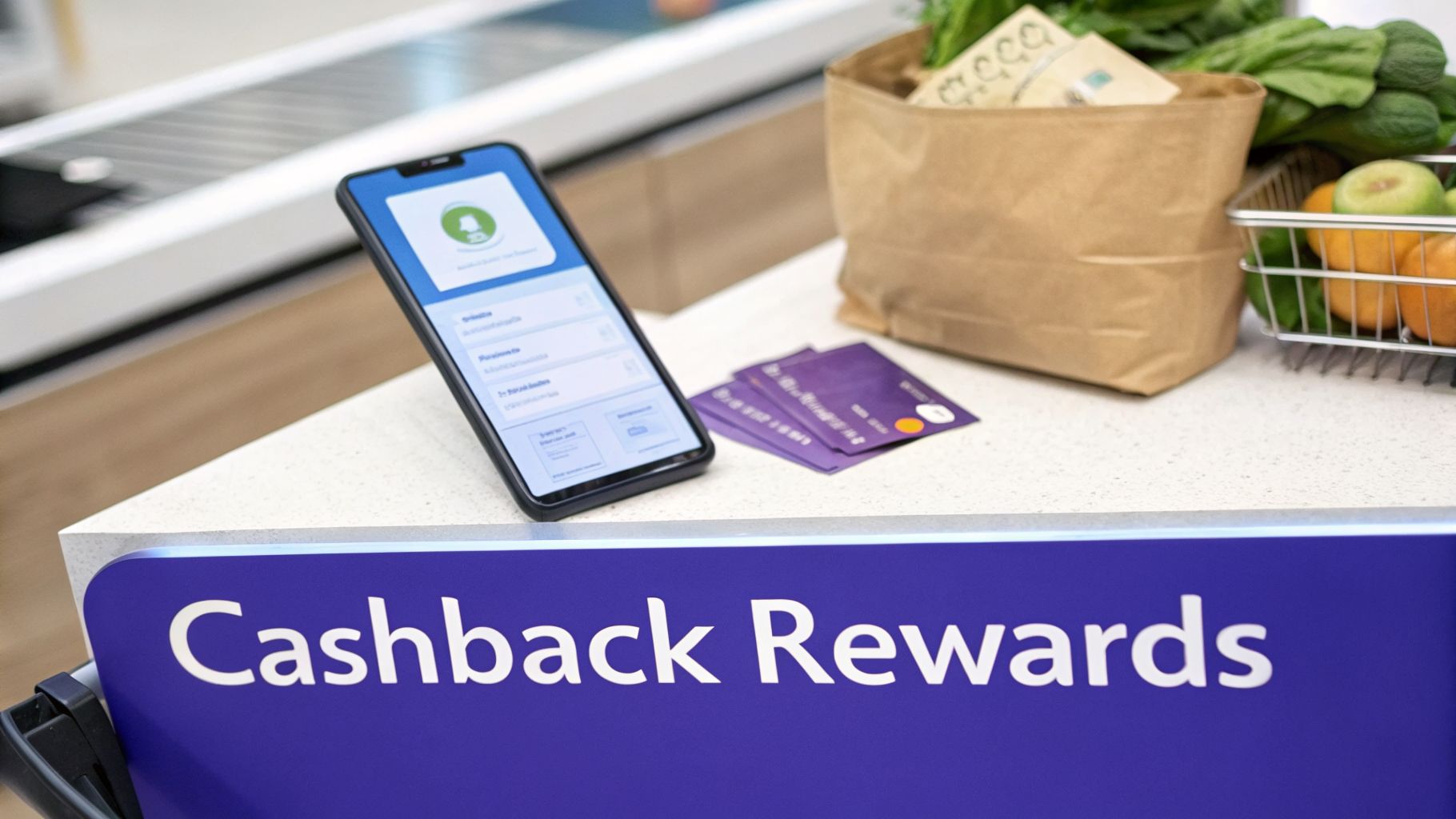A smartphone showing a rewards app, several credit cards, groceries, and a 'Cashback Rewards' sign.