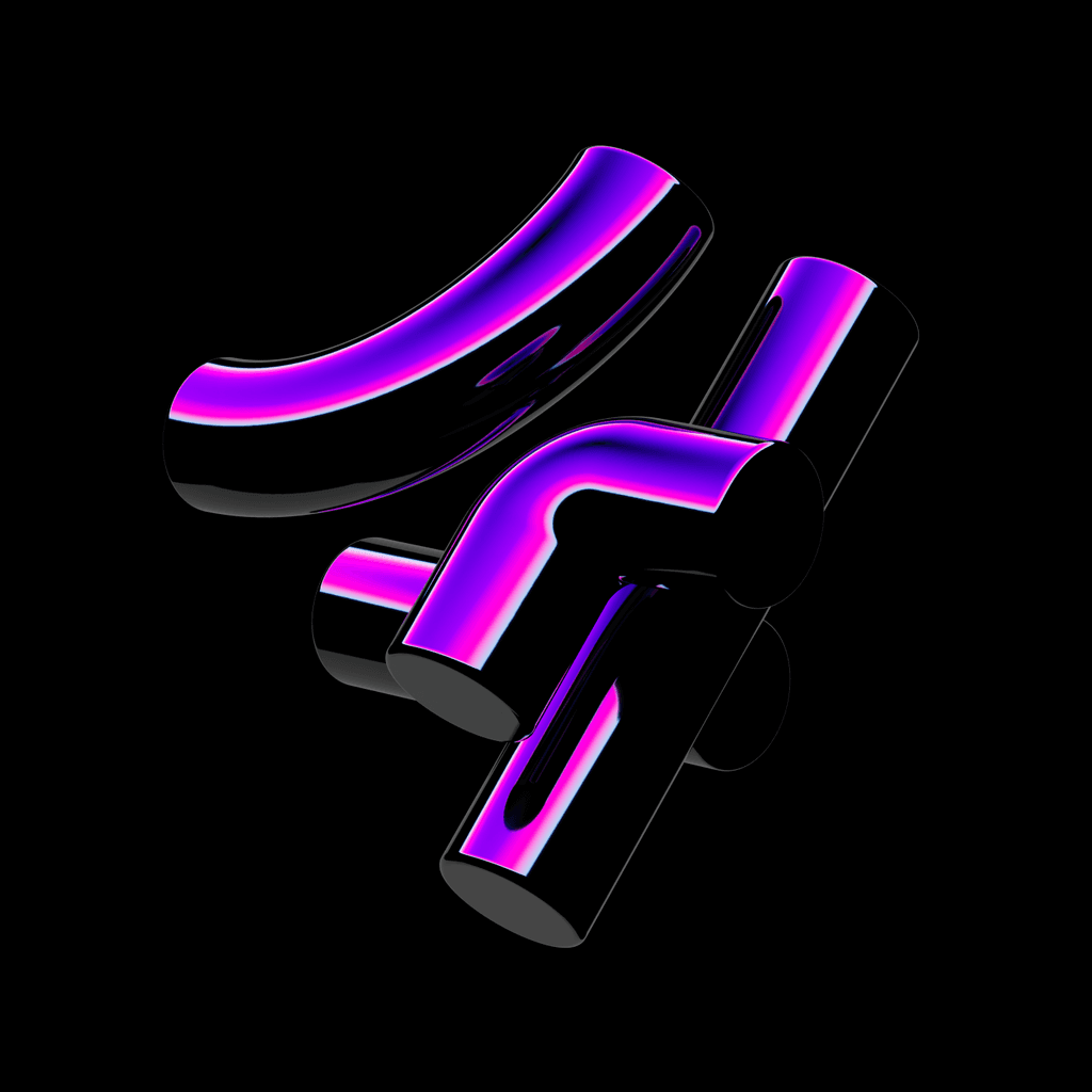Adobe 3D letterform exploration in glossy black and neon purple-pink, by Michael Novia