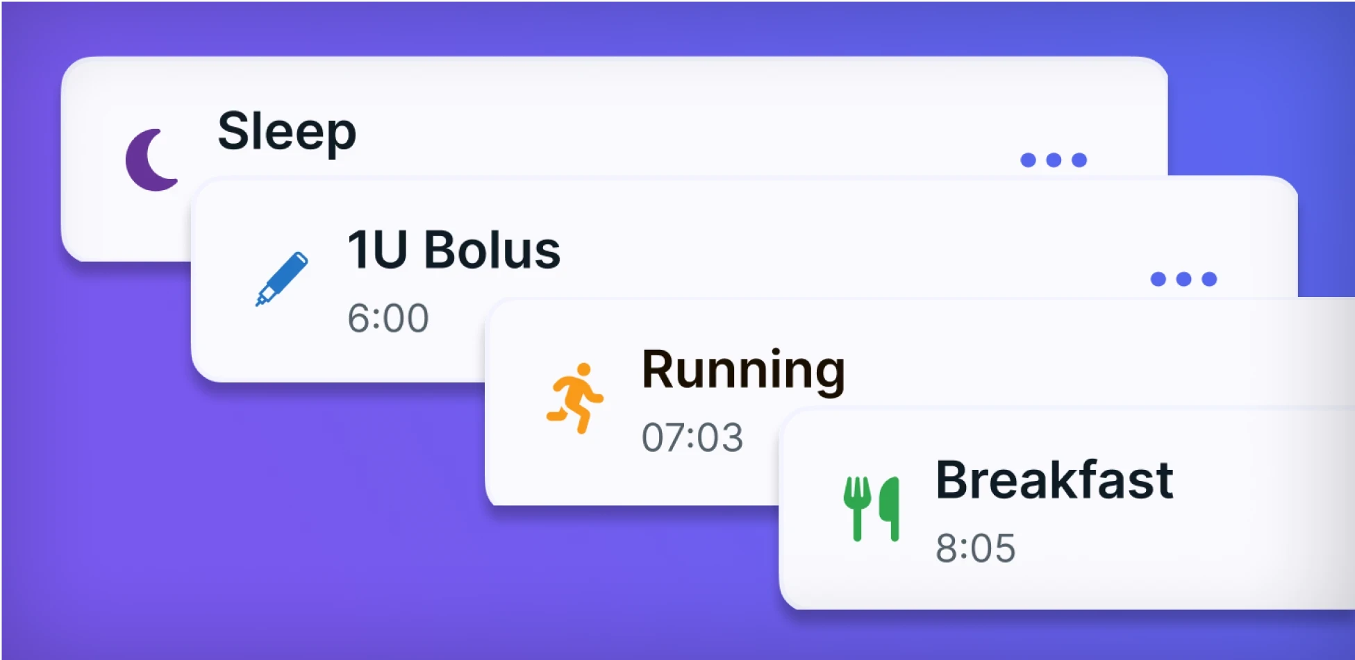 Health management interface showing daily activity cards for sleep, insulin, exercise, and meals on purple background.
