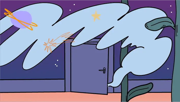 a blue door with plants and clouds in front of it