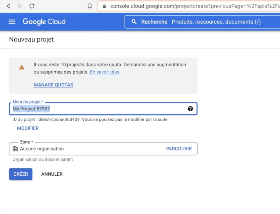 Création projet Google Cloud Console