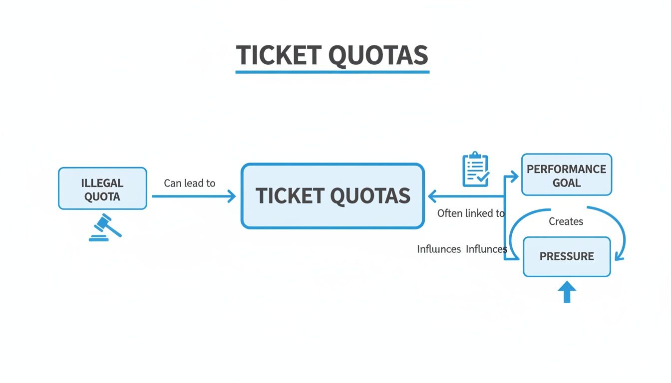 Flowchart illustrating the concept of ticket quotas, linking them to illegal quotas, performance goals, and pressure.