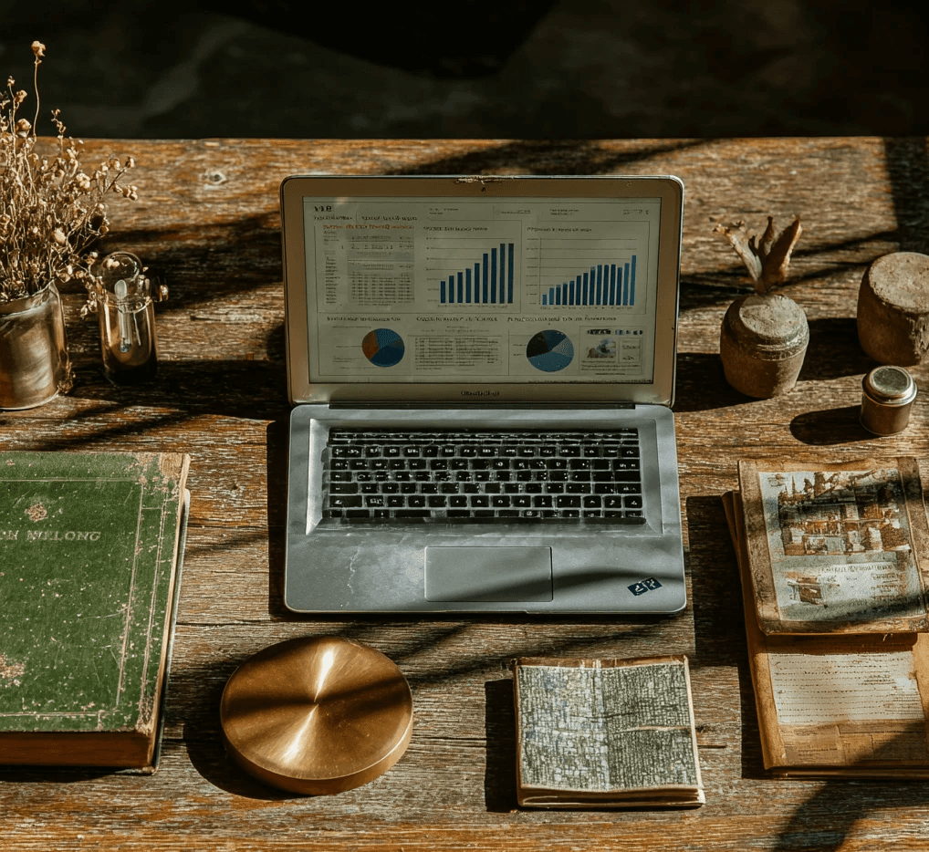 A laptop displaying financial charts and data, surrounded by vintage books and rustic objects on a sunlit wooden desk,.