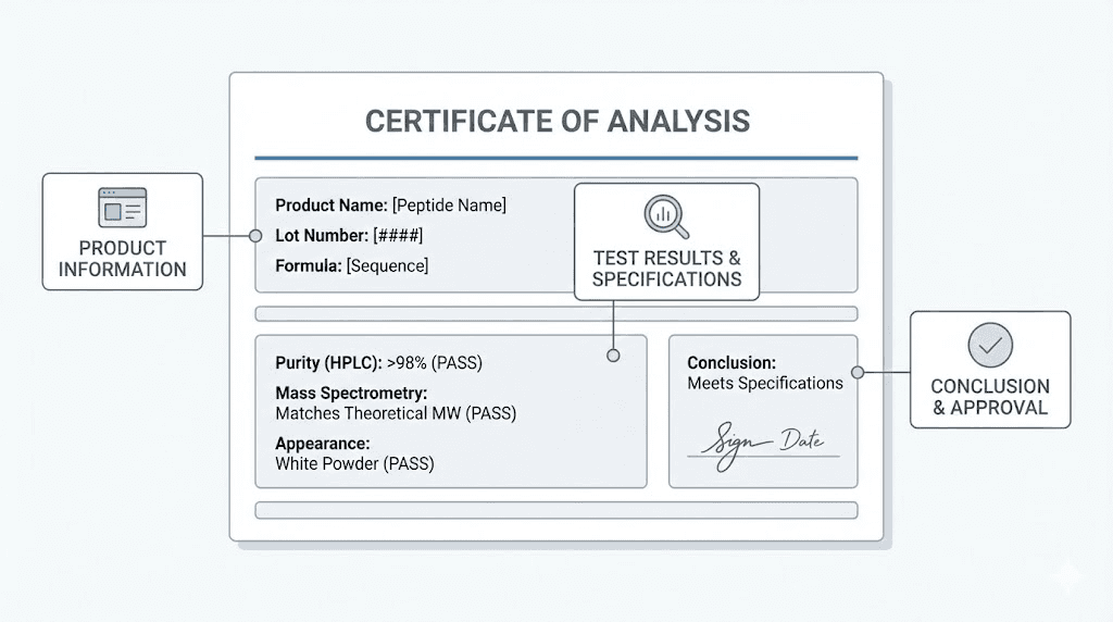 How to read a peptide certificate of analysis with key elements highlighted