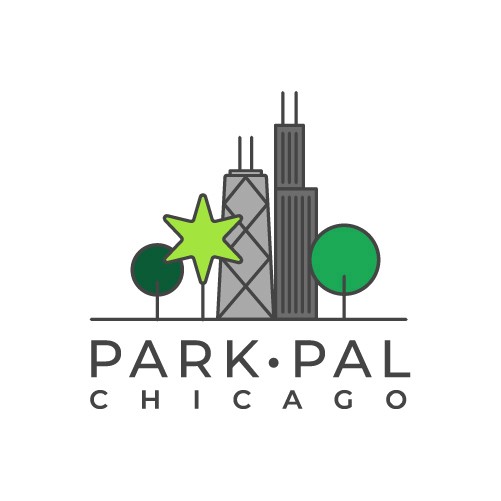 ParkPal Project logo - includes trees and chicago buildings, as well as a tree in the shape of the Chicago star
