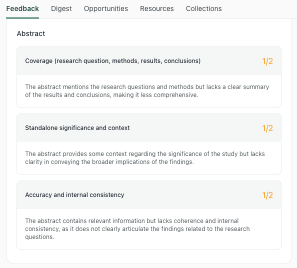 Feedback panel evaluating a research abstract for coverage of research questions, methods, results, and standalone significance.