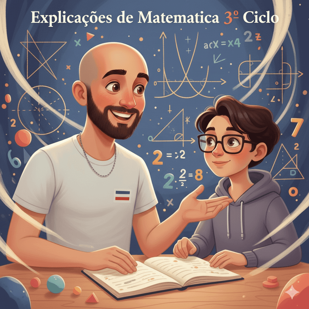 Aula de explicação de matemática 3º ciclo com professor e aluno adolescente, quadro com funções quadráticas, potências e figuras geométricas