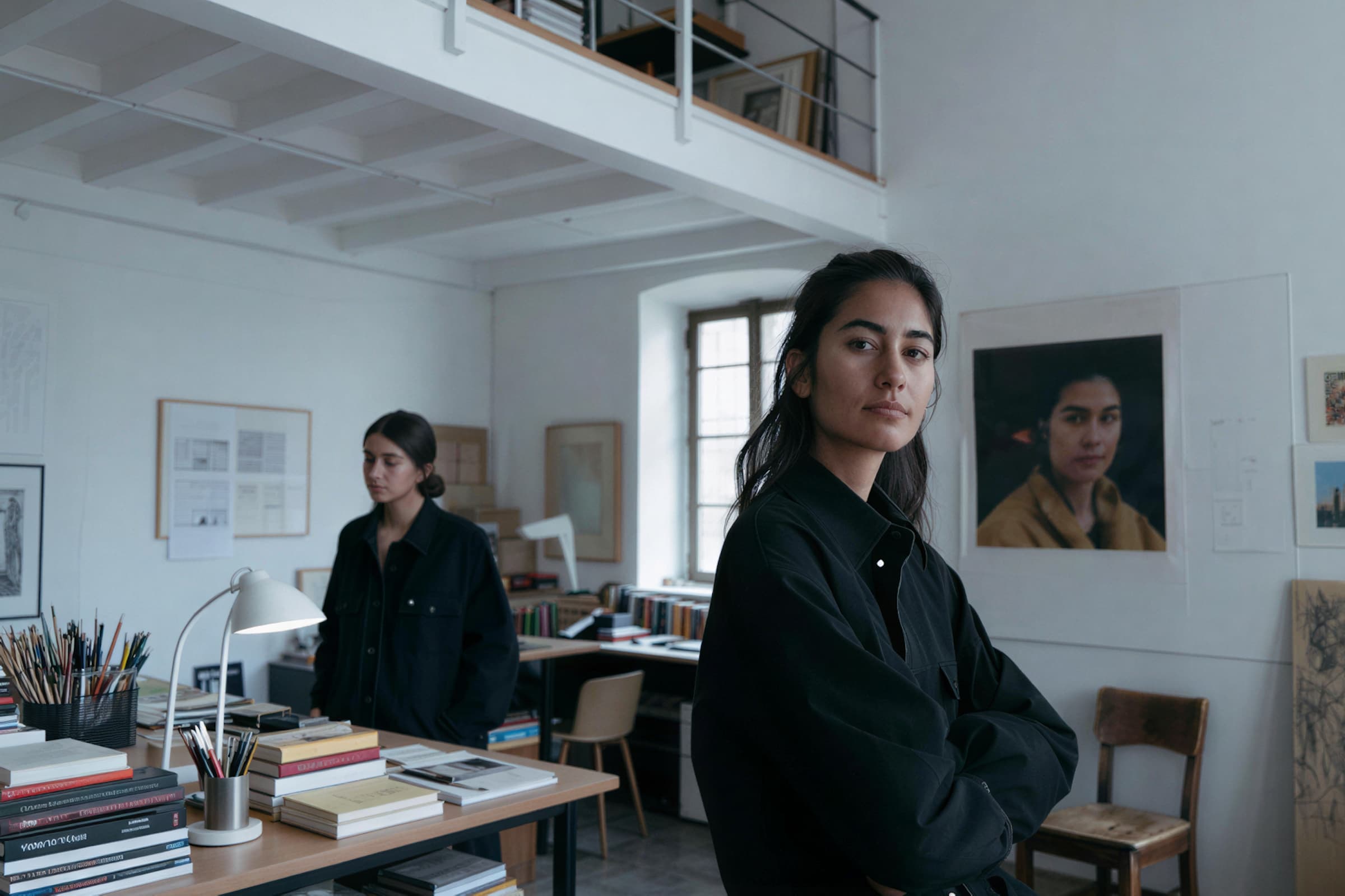 A person with long dark hair stands confidently with arms crossed in a well-organized, modern artist's studio, surrounded by books, art supplies, and a framed portrait on the wall; another person appears in the background near a desk, adding depth to the creative workspace.