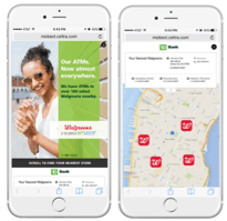 Two mobile creative examples pairing a TD ATM awareness message with a map of nearby locations