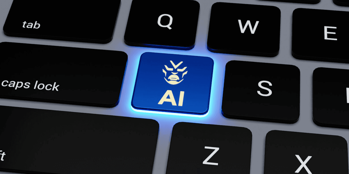 A computer keyboard with a blue lit AI button on it. 