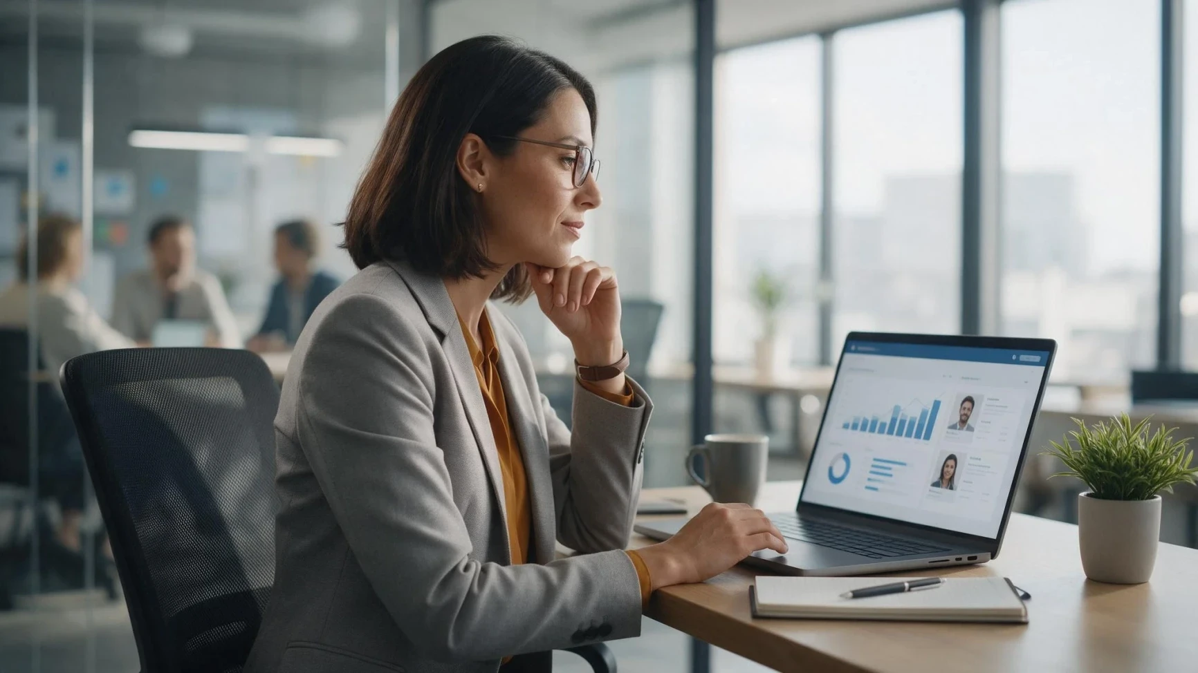 HR manager reviewing candidate data on a laptop screening dashboard in an office
