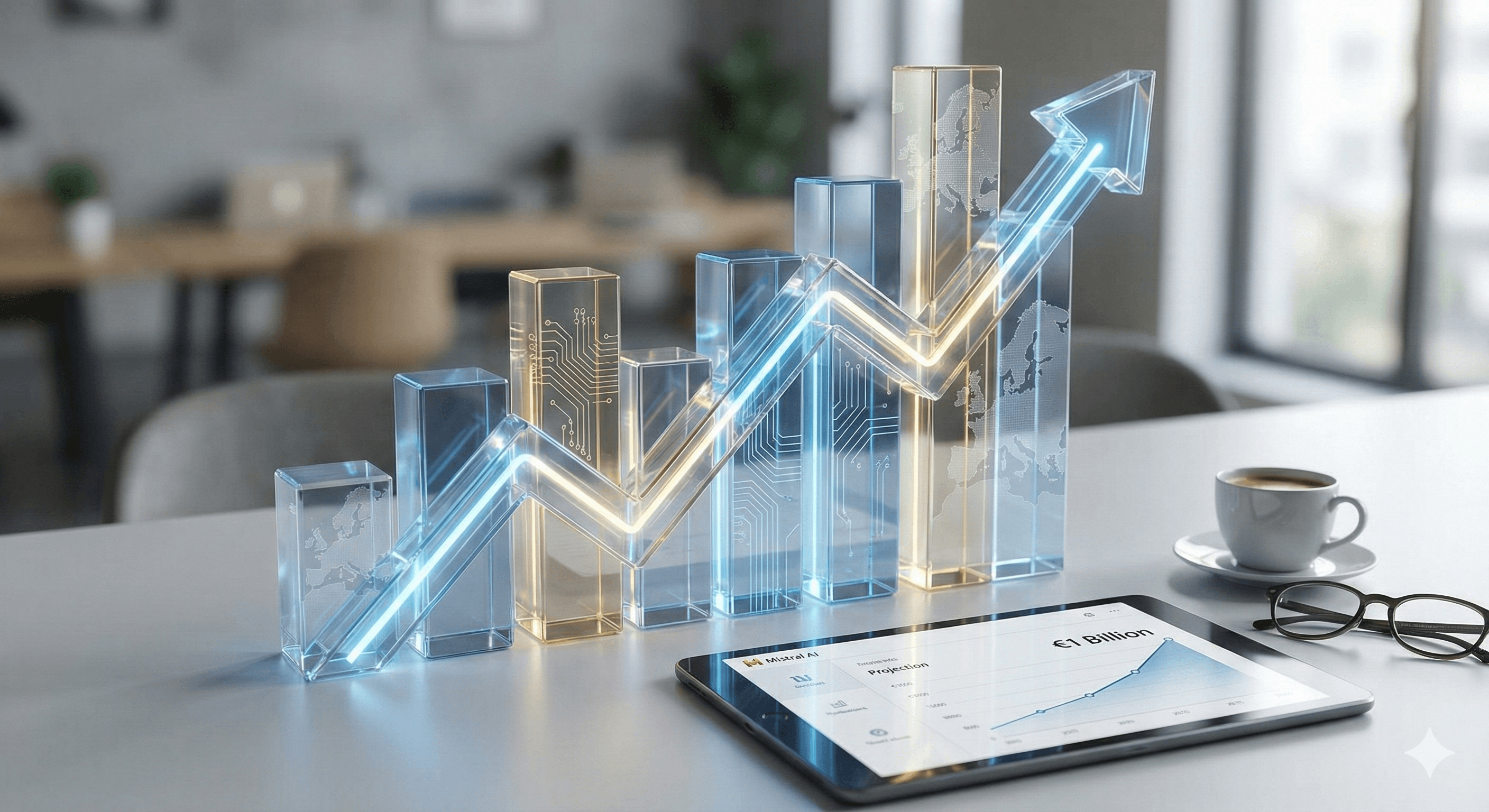 A tablet displaying a graph of increasing revenue is placed on a desk, with transparent, digitized bar graphs and a glowing upward arrow emerging from the screen, symbolizing technology-driven growth and financial success.
