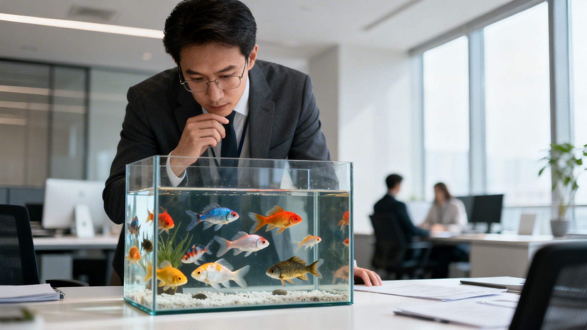 Hombre de negocios asiático pensativo observa un acuario con peces de colores en su escritorio de oficina.