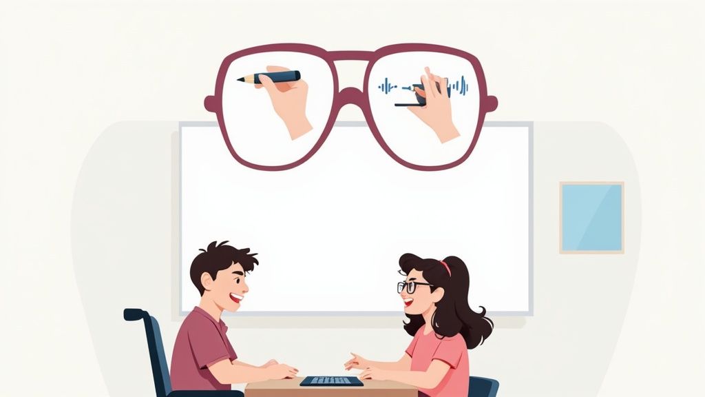 Two students using assistive technology tools including glasses showing writing and audio features