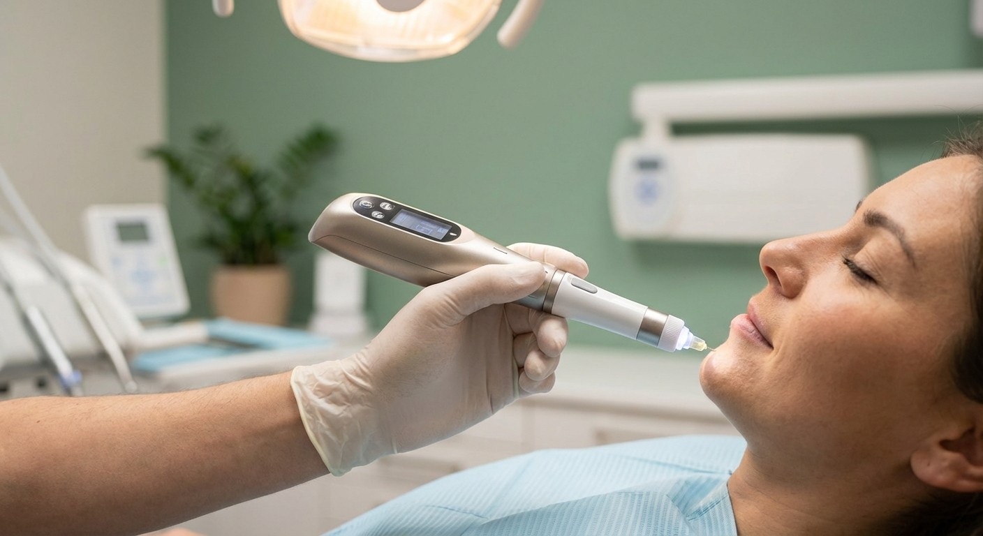 A modern computer-controlled anesthetic delivery device held gently beside a relaxed patient's jaw