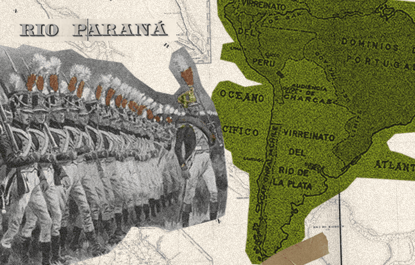 Ilustración del Combate de San Lorenzo, con el general José de San Martín liderando a los granaderos a caballo en plena batalla contra las fuerzas realistas, entre humo y movimiento.