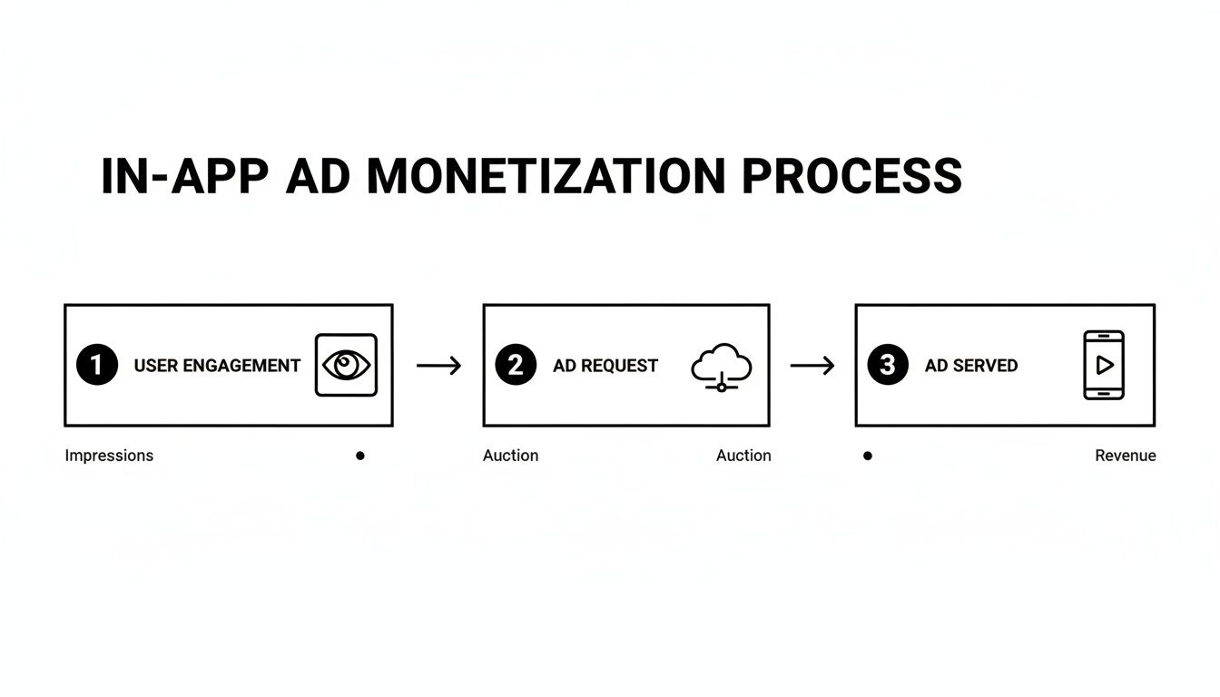 Diagram illustrating the in-app ad monetization process from user engagement to ad serving and revenue.