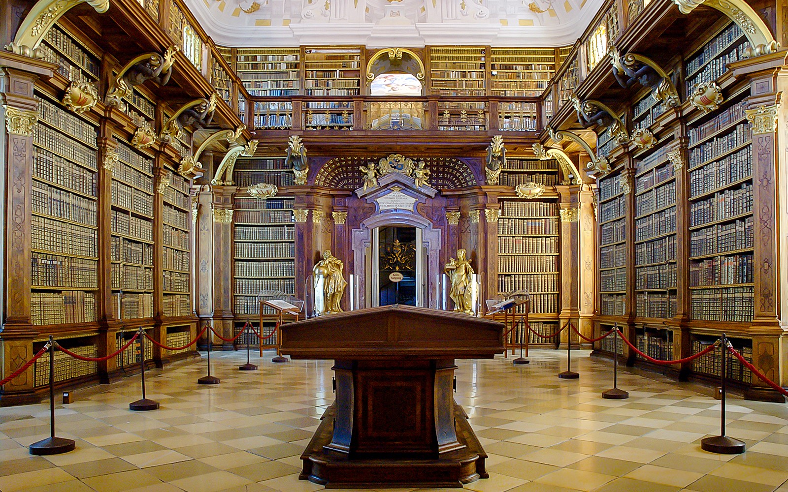 Baroque library interior in Melk Abbey, part of a day trip to Danube Valley from Vienna.