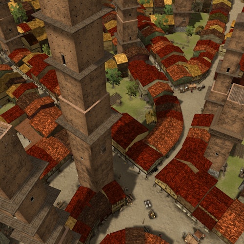 Vista aerea di un villaggio medievale con alte torri marroni e edifici con tetti di paglia rossi e gialli lungo strade tortuose.