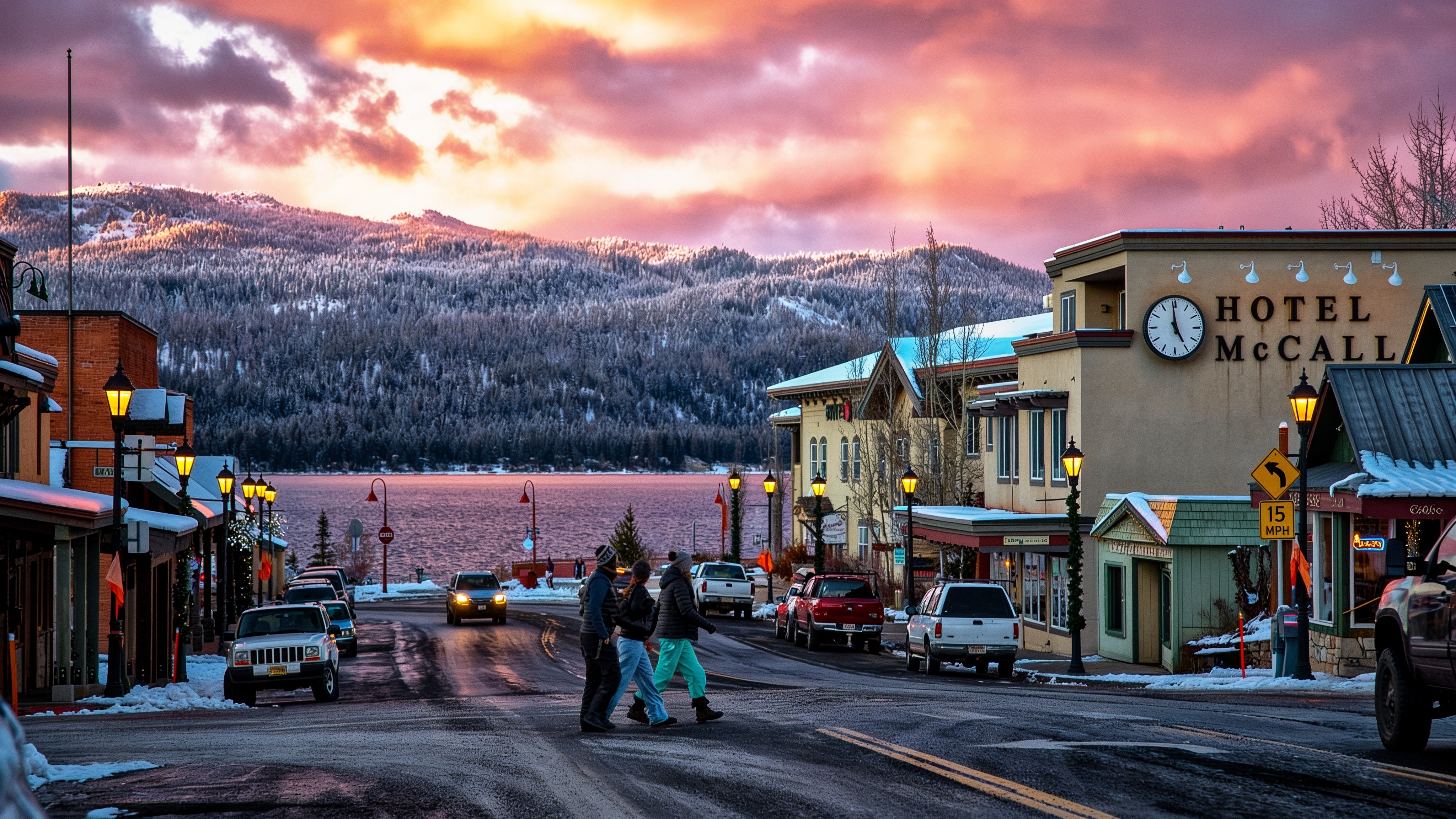 Downtown McCall, Idaho with Payette Lake and snow-capped mountains — PowerLift Doors of Oregon service area