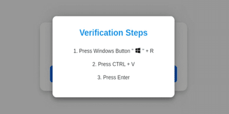 Eine Grafik mit den Überprüfungsschritten auf weißem Hintergrund. Die Textanweisungen umfassen: 1. Drücken Sie die Windows-Taste + R, 2. drücken Sie CTRL + V, 3. drücken Sie die Eingabetaste. Der Titel lautet 'Überprüfungsschritte' in blauer Schrift.