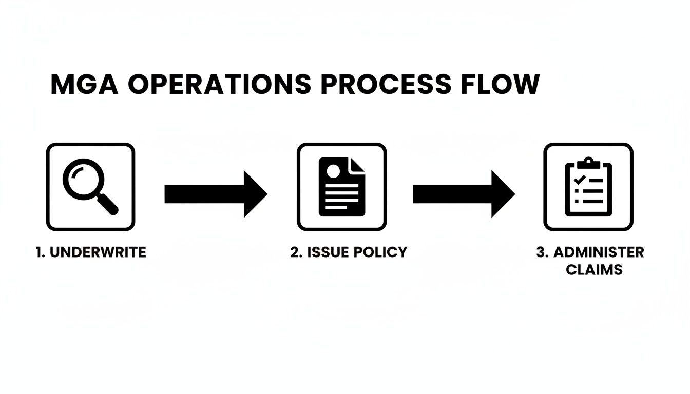 A clear diagram illustrating the MGA insurance operations process: underwrite, issue policy, and administer claims.