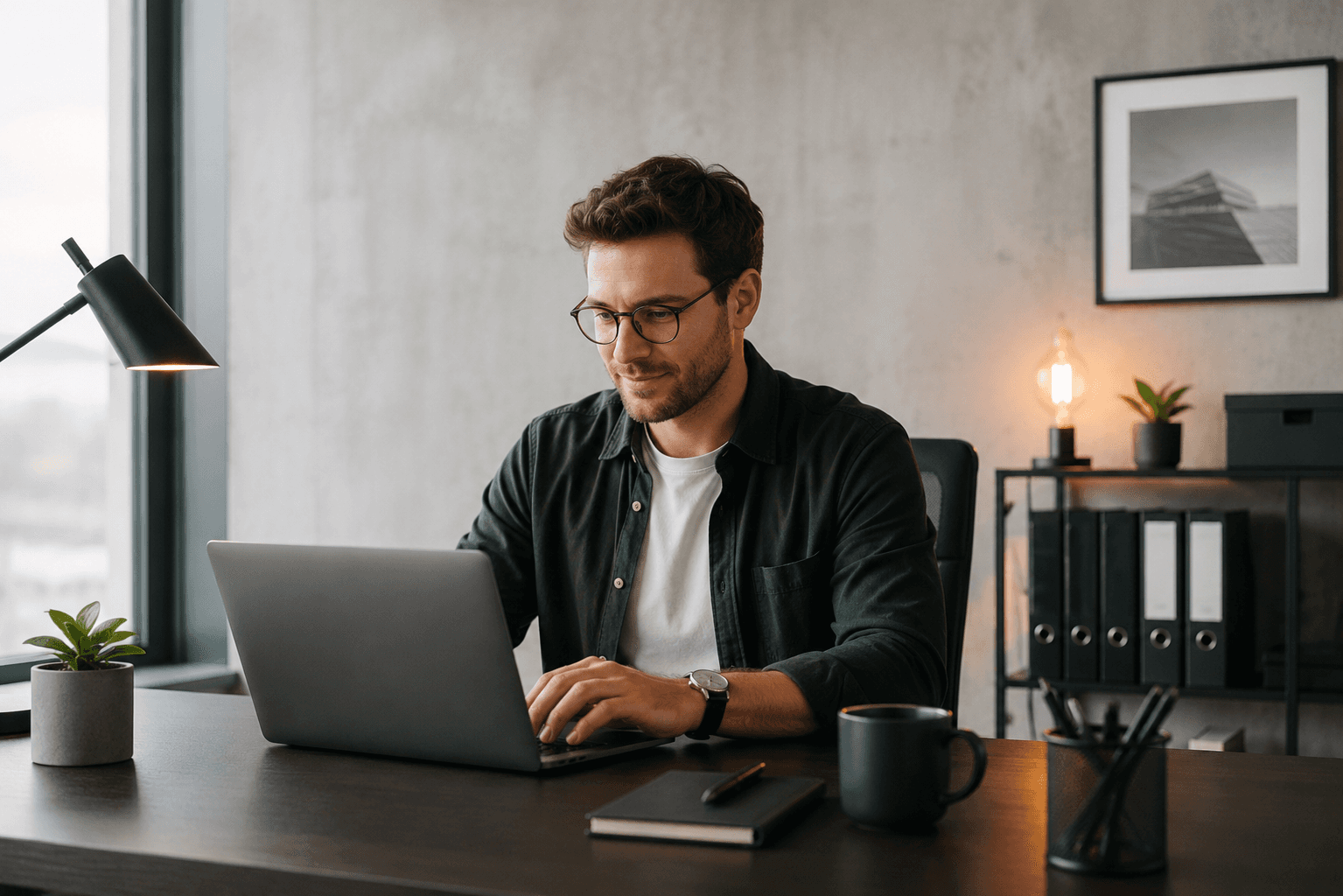 A man is working on a laptop