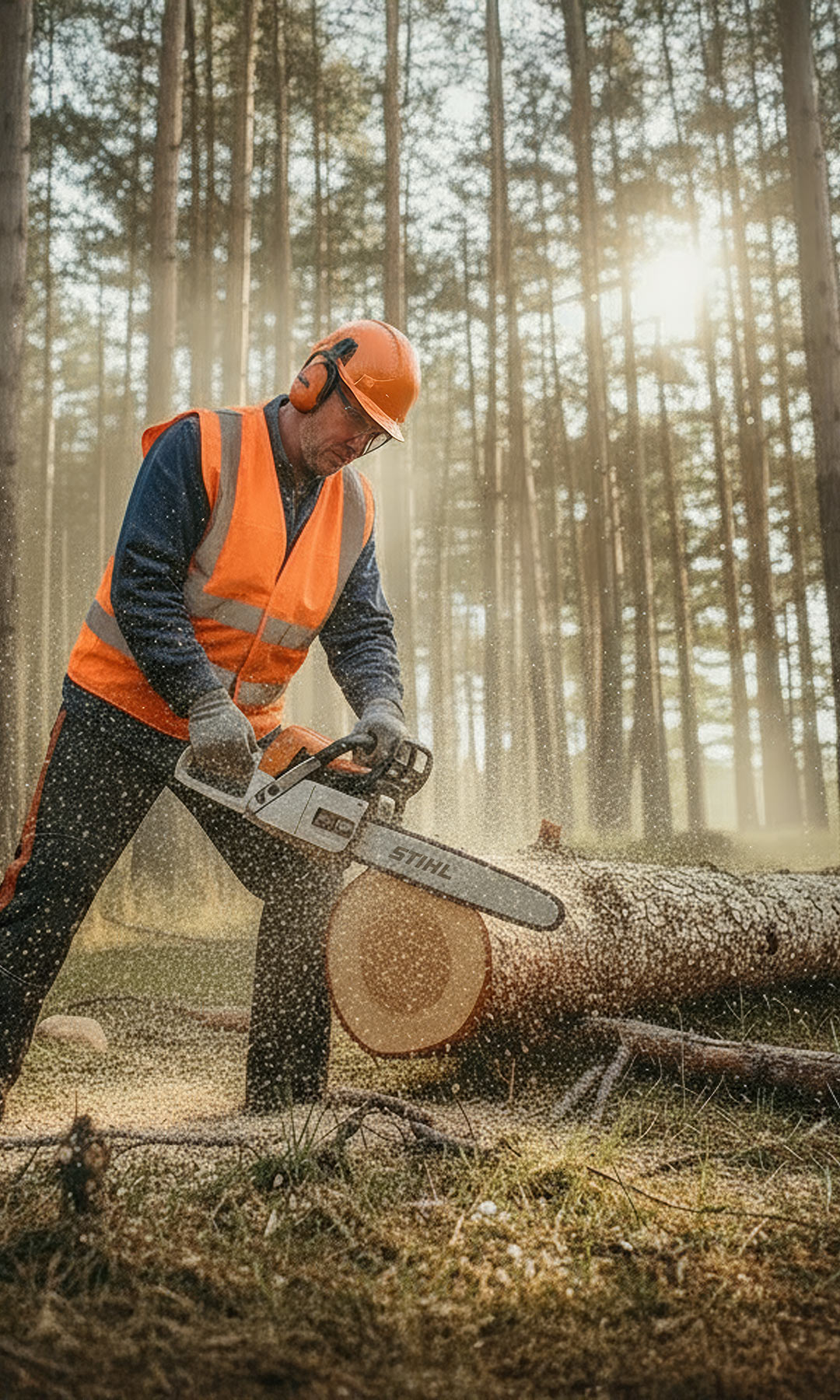 Arbeiter im Wald trägt Schutzkleidung und Helm und sägt mit einer Stihl-Motorsäge einen gefällten Baumstamm. Sonnenstrahlen fallen durch die Bäume.