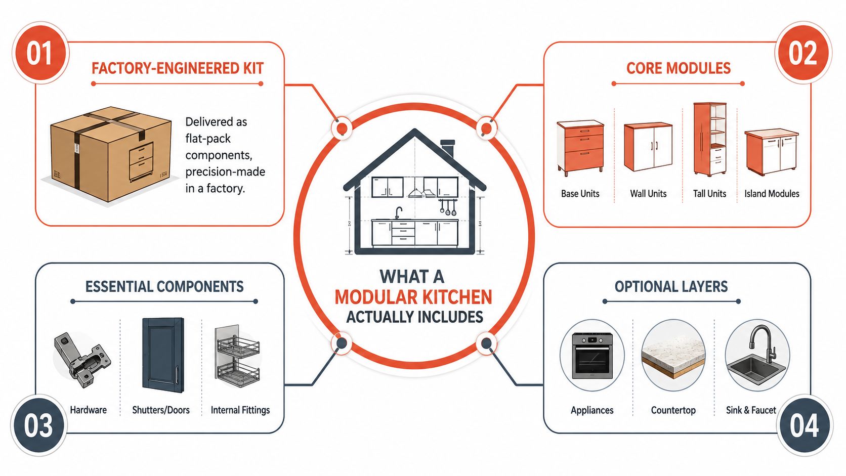 An infographic detailing the four main components of a modular kitchen: factory kits, core modules, essentials, and optional layers.