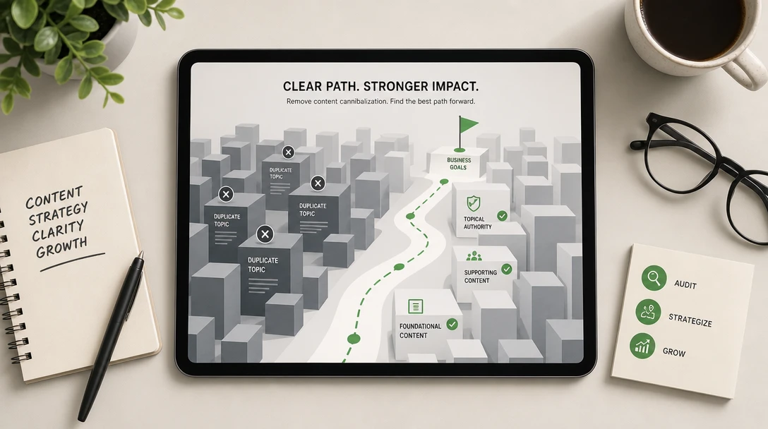 Minimalist graphic visualization of a clear, strategic path through digital content blocks.