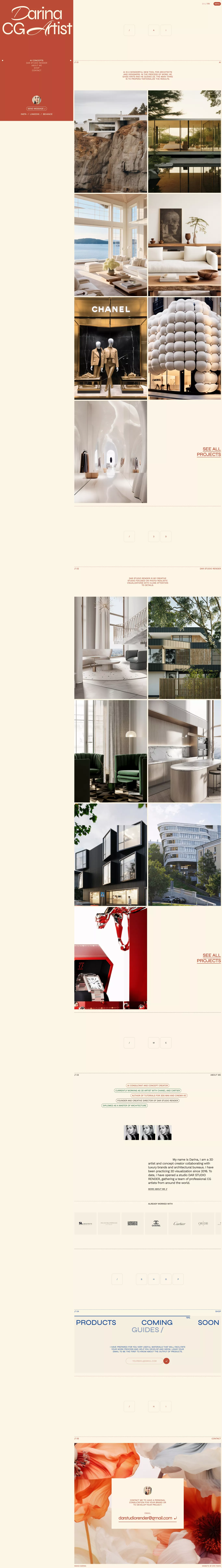 Darina CG Artist portfolio page screenshot showcasing Design and Tech design