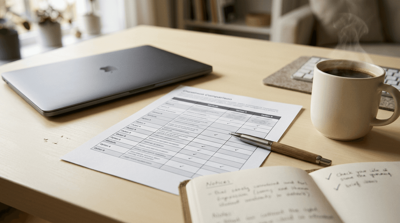 Overhead photo of a printed comparison document, pen, laptop, and coffee on a modern desk during an MLR review software evaluation