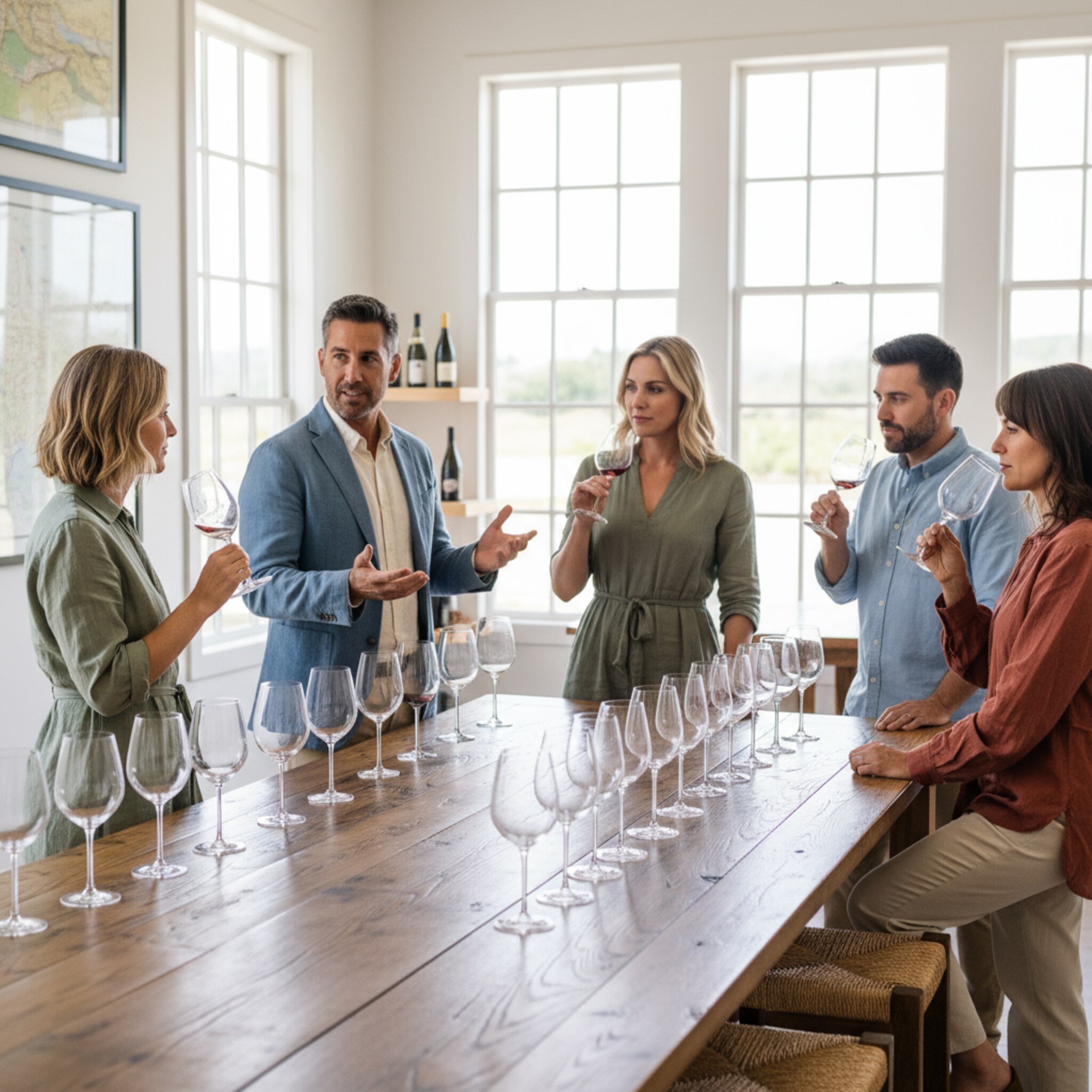 Ein heller Probierraum mit hohen Fenstern, Gläser in Reihen vorbereitet. Ein Gastgeber erklärt ruhig die Unterschiede der Rebsorten, während eine kleine Gruppe aufmerksam riecht und probiert. Sonnenlicht spiegelt in den Gläsern. Die Atmosphäre ist fokussiert, freundlich und einladend.