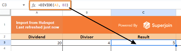 =DIVIDE(A3, B3)