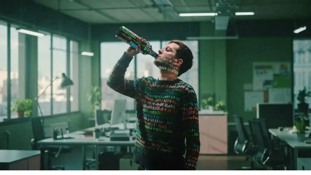 Dans un bureau contemporain baigné de lumière naturelle, un homme se tient debout entre des postes de travail vides. Il porte un vêtement imprimé de lignes de code et de données chiffrées multicolores. Il incline la tête en arrière pour boire directement à une bouteille, dans un geste excessif et assumé. Cette scène visuelle accompagne la réflexion “L’IA, le nouveau whisky des pionniers, l’histoire répétée d’une domination douce”, en suggérant la séduction, l’addiction et la puissance symbolique des technologies d’intelligence artificielle dans les organisations.