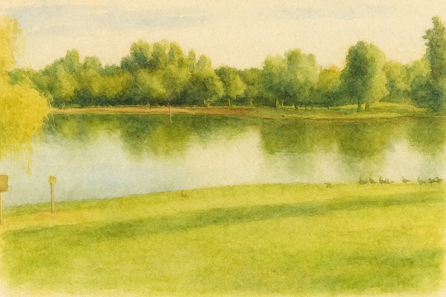 View across lake with grass in foreground in a watercolour style