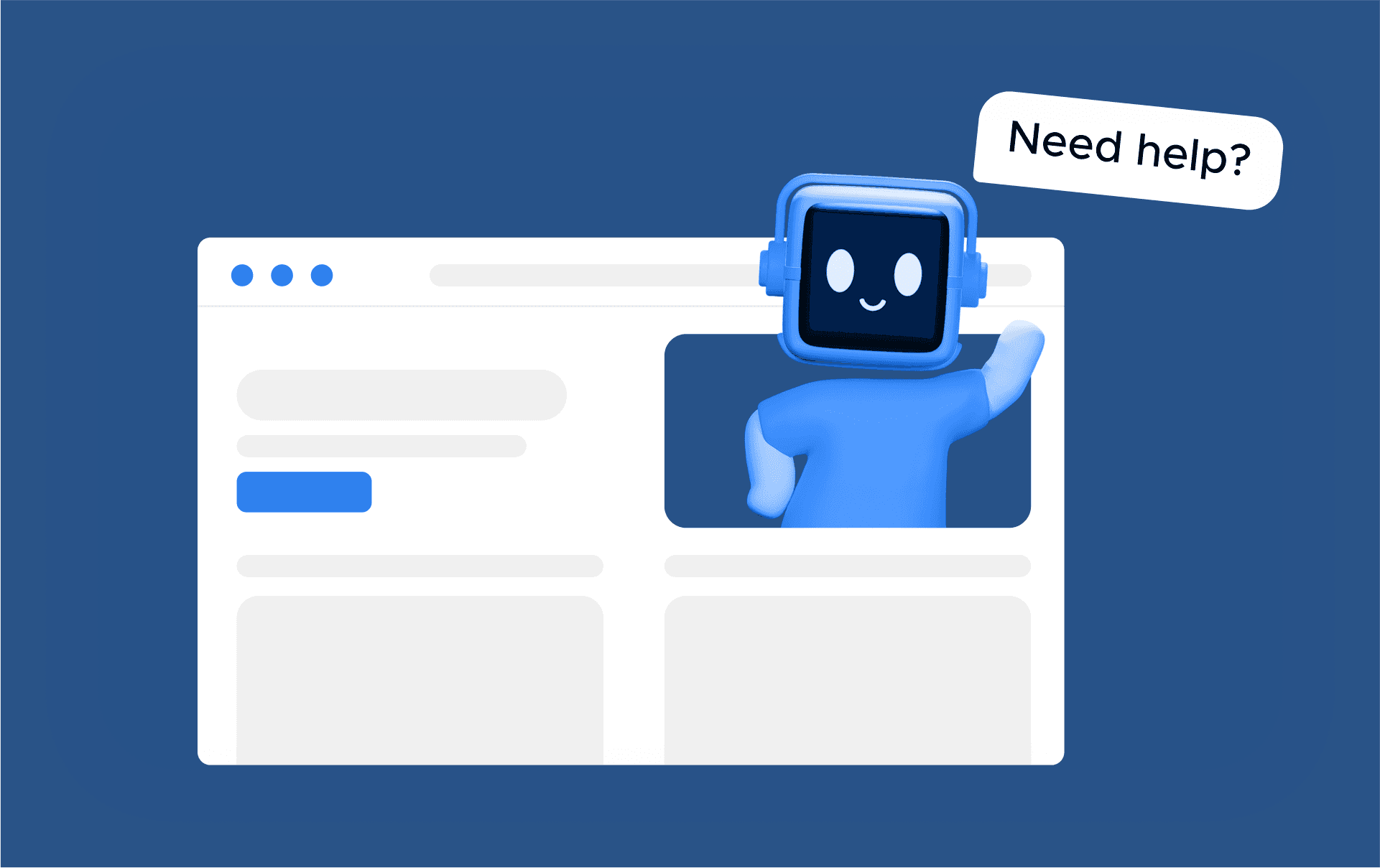 Ein Roboter-Chatbot winkt aus einem Website-Fenster und fragt „Need help?“, die Art KI-Support, mit der Firmen schlanker arbeiten.
