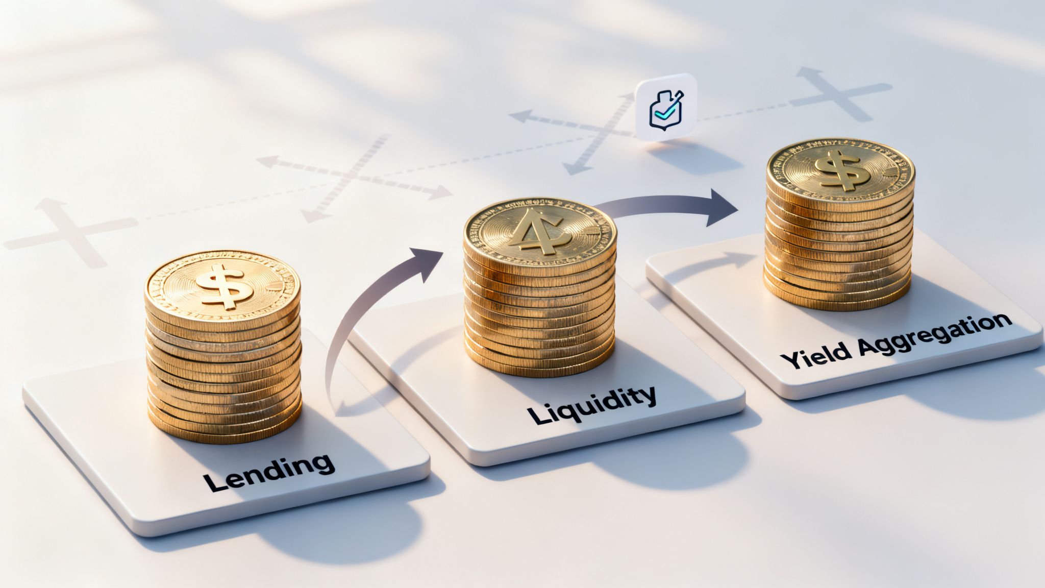 A stablecoin strategy engine visualizing the progression from lending to liquidity and yield aggregation.