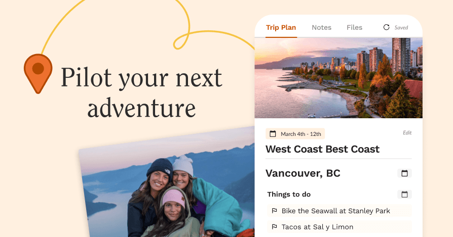 A mobile UI screen of Pilot, a travel planner app with the text "Pilot your next adventure"