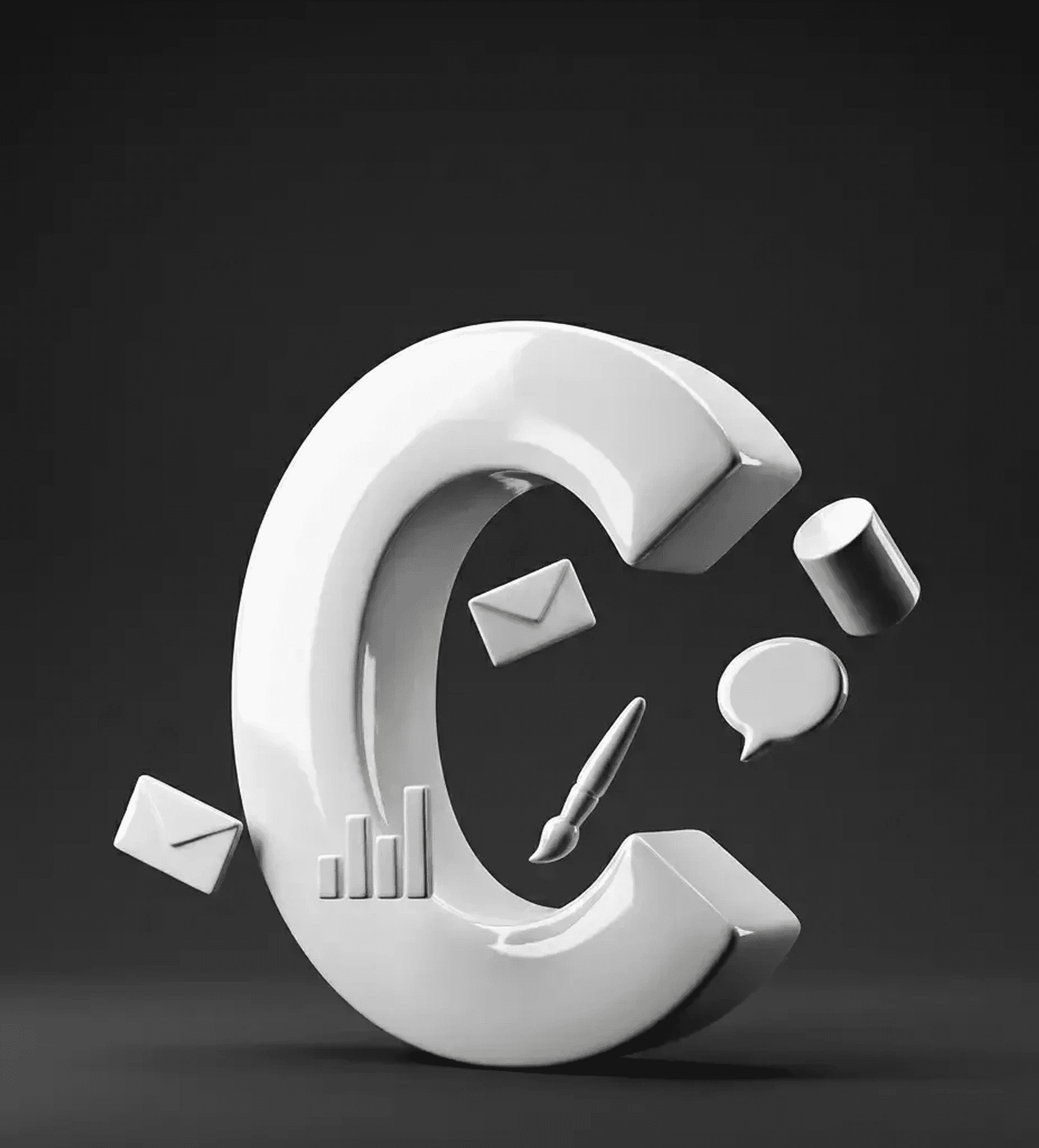 Editorial white Canva C sculpture with geometric marketing-tool icons orbiting it, Canva AI marketing suite