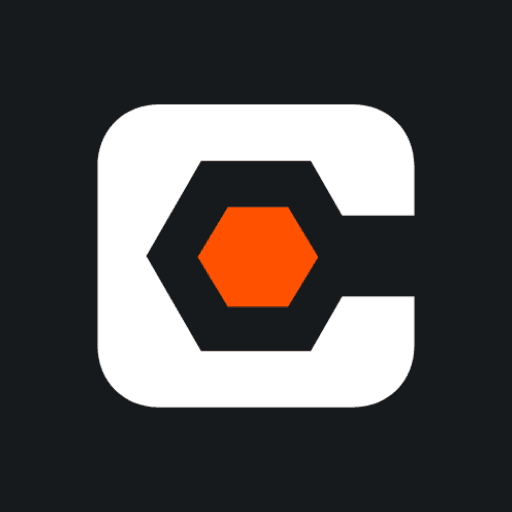 Logo featuring a hexagonal shape with an orange center, set against a dark background.