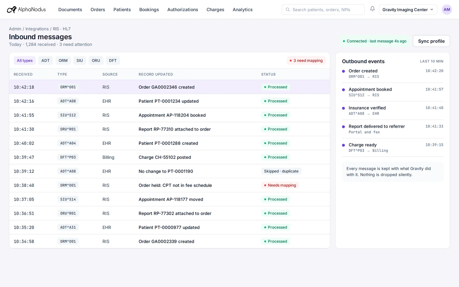 Gravity's inbound HL7 messages, each with its type, source, the record it updated and its status, beside the outbound events list