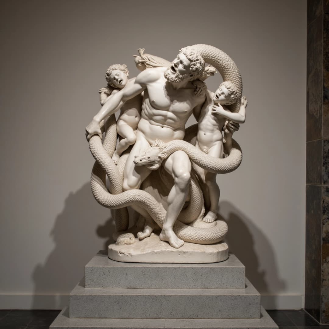 eine statue, ein griechischer mann und 2 kinder, die von einer schlange umringt werden