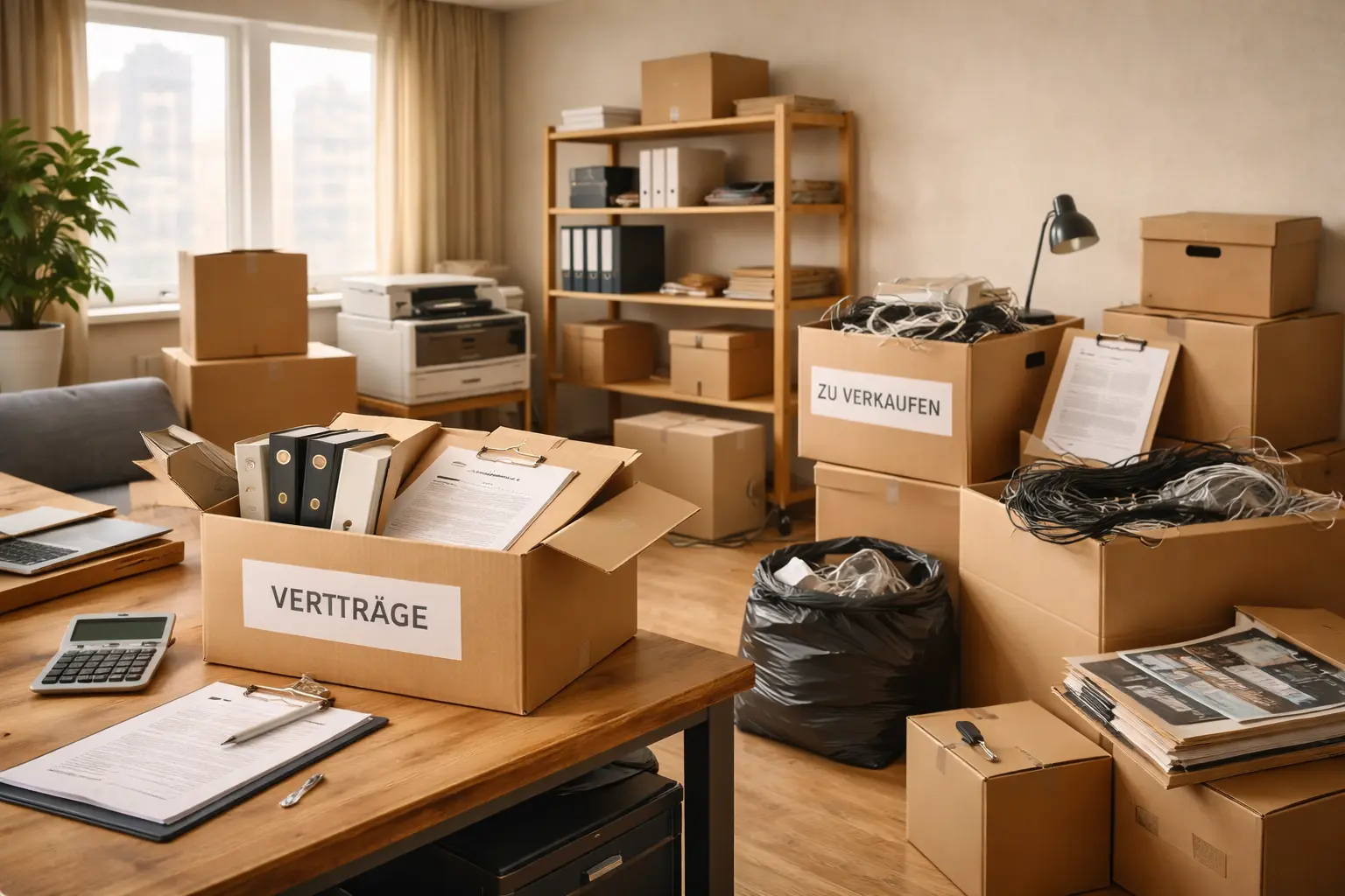 Büro nach Geschäftsauflösung mit sortierten Unterlagen, Kartons und vorbereiteter Entrümpelung
