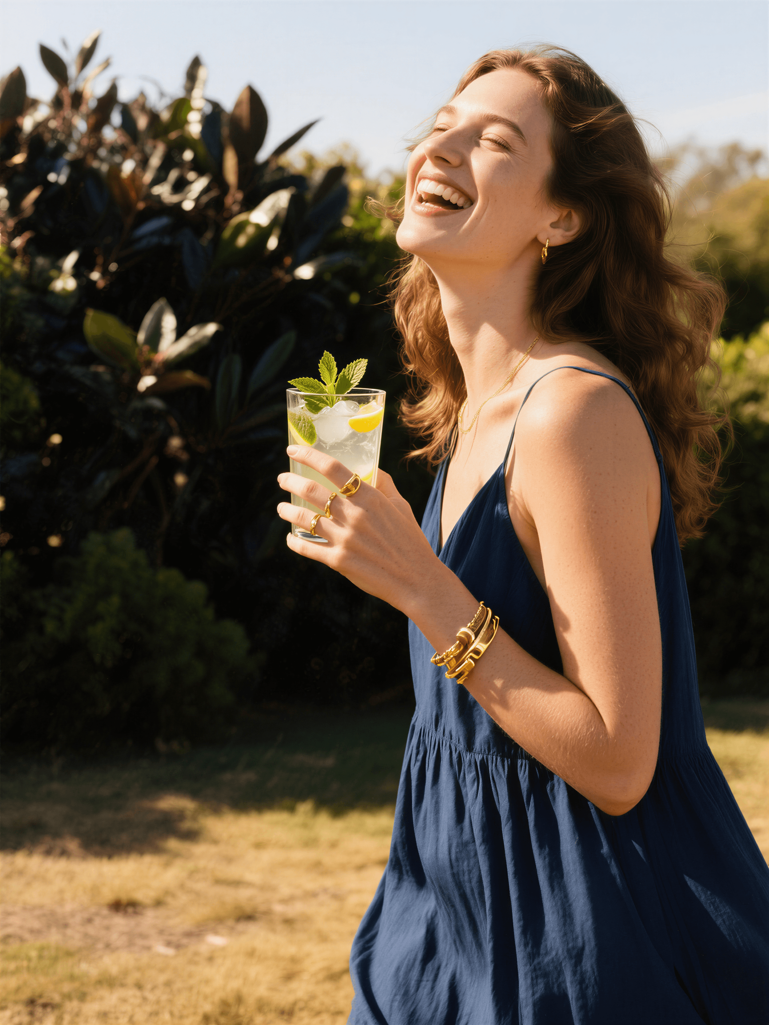 Happy woman drinking lemonade