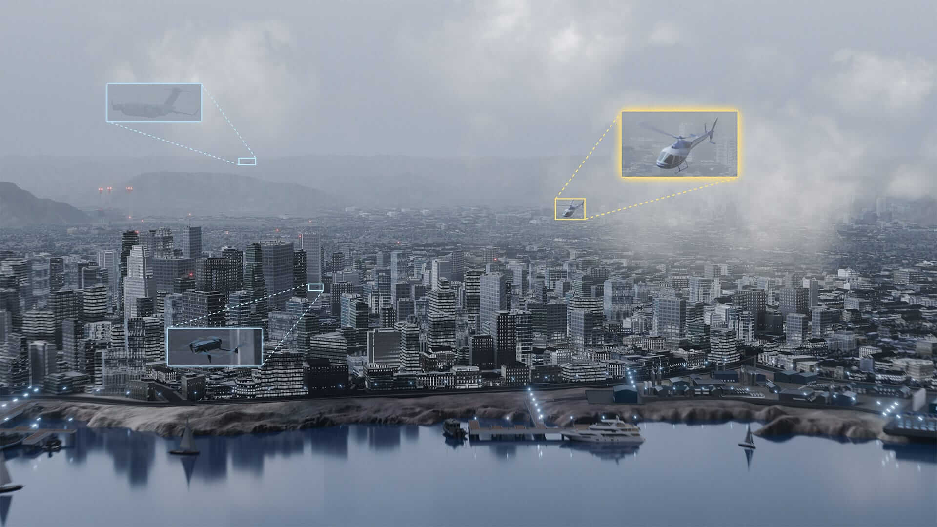 An aerial view of a cityscape with a waterfront. In the sky, an airplane, a helicopter, and a drone are highlighted with user interface-style boxes.