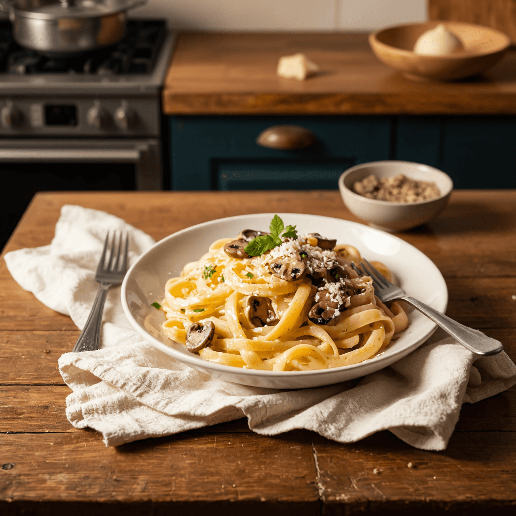 product photography of a plate of creamy pasta with mushrooms and herbs
