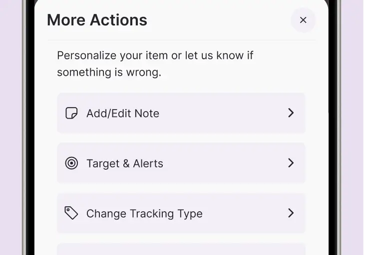 Whisprice More Actions sheet showing Add/Edit Note, Target and Alerts, and Change Tracking Type options