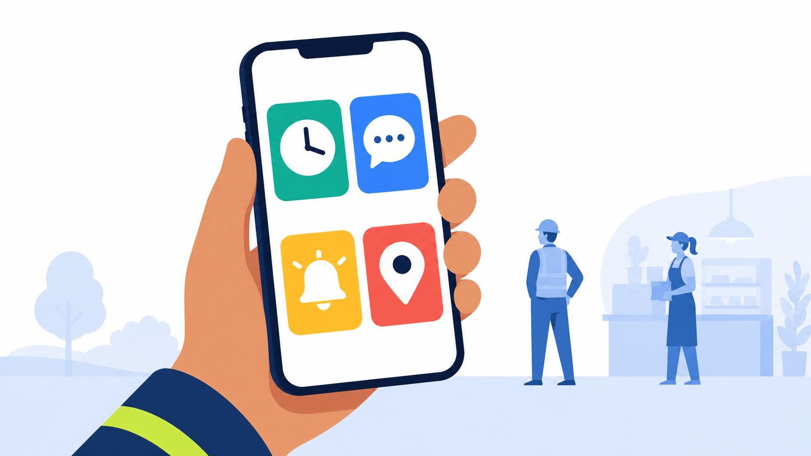 A hand holding a smartphone displaying various app icons against a professional office background illustration.